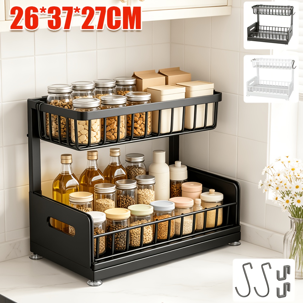 TEMU 37*27*26cm Pull-out Storage Rack, Vertical Shelf With Hooks*3pcs, Space-saving Double-layer Drawer-style Organizer, Suitable For Large-capacity