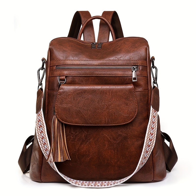

Women's Convertible Backpack, Vintage Casual Large Capacity Travel Backpack, Pu Leather With Tassel, Lightweight Shoulder Bag