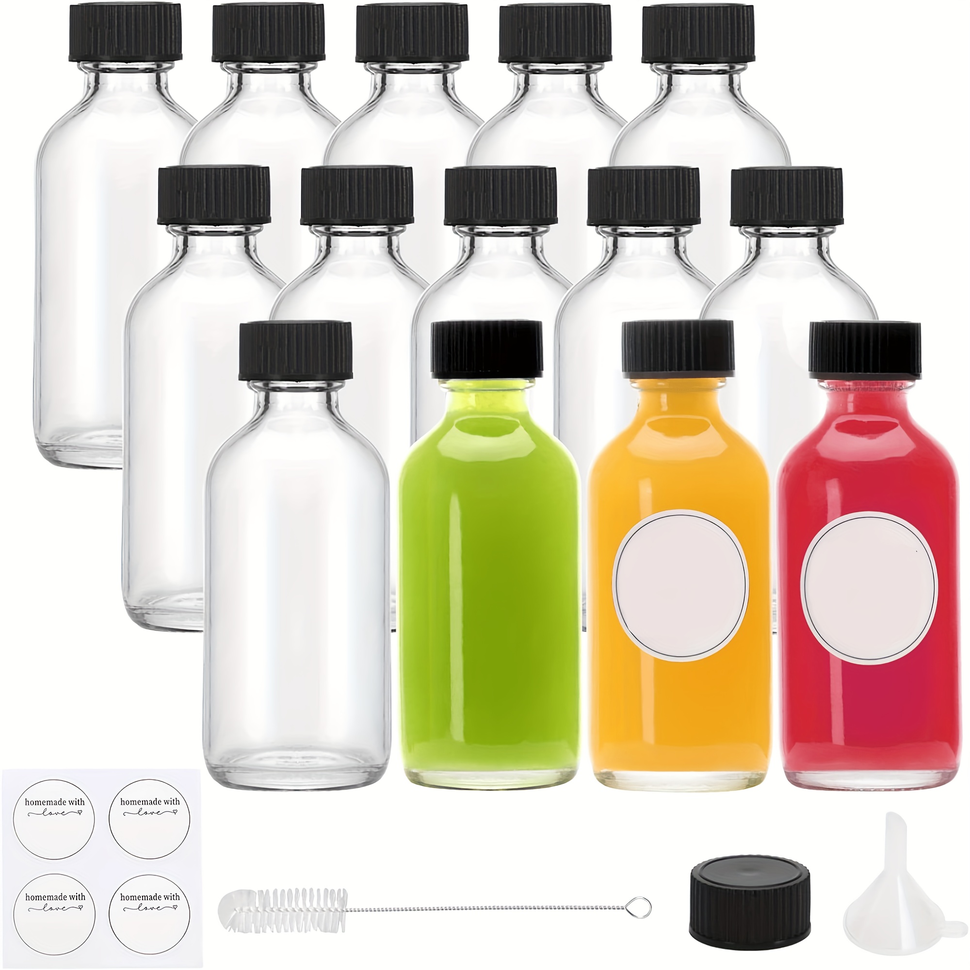 

14pcs 2oz Clear Glass Bottles With Black , Funnels & Labels - Ideal For Juice, Essential Oils, Diy Projects, Travel & Decorative Use, Reusable Juice Bottles