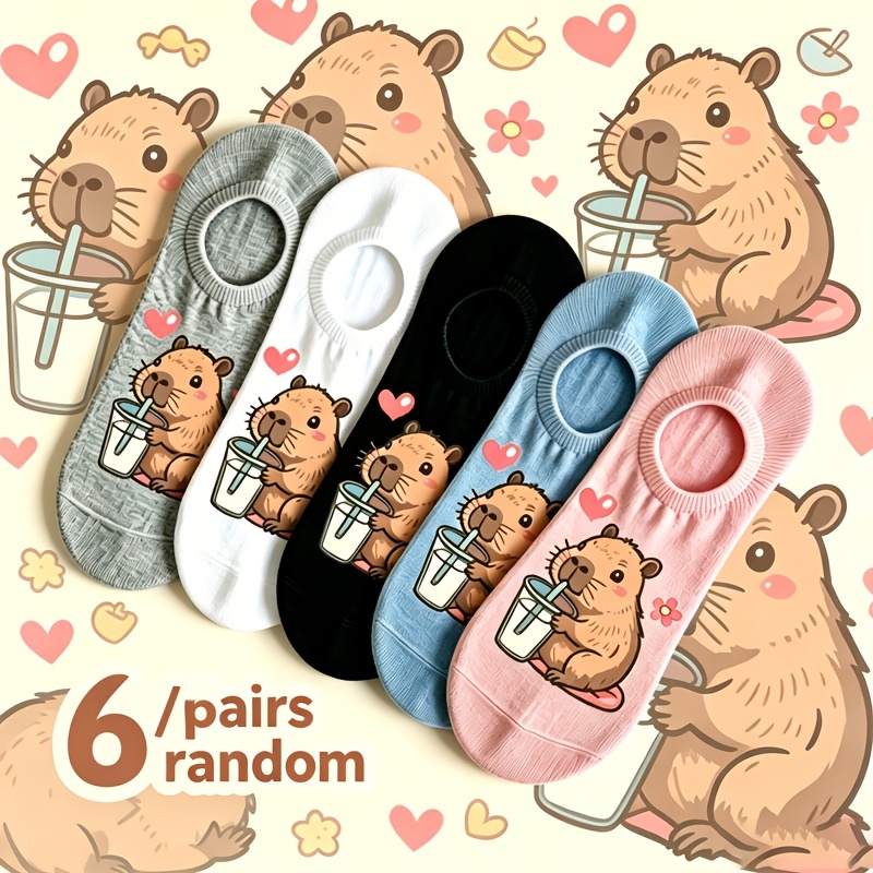 TEMU Random 3/6 Pairs Capybara Cartoon Invisible Boat Socks Women's Summer Thin Non-slip Shallow Mouth Cute Japanese Ins Trendy All-match Socks Cute