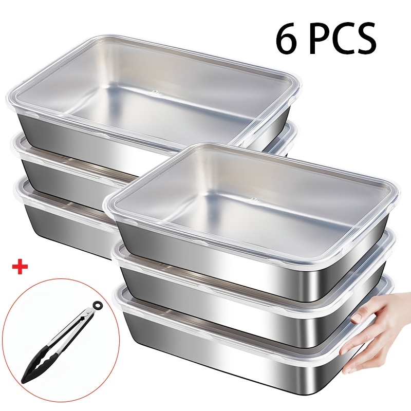 TEMU 7pcs Durable Stainless Steel Food Storage Container Set With Locking Lid | Leak-proof, Stackable, Reusable, Multipurpose Use With Food Tong -