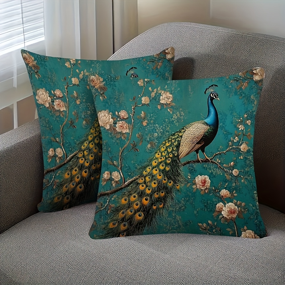 TEMU 2pcs Luxury Vintage Rococo Style Pillow Case-green Flower Peacock Decorative Cushion Cover, Zipper Closure, Machine Washable Plush Pillow Case