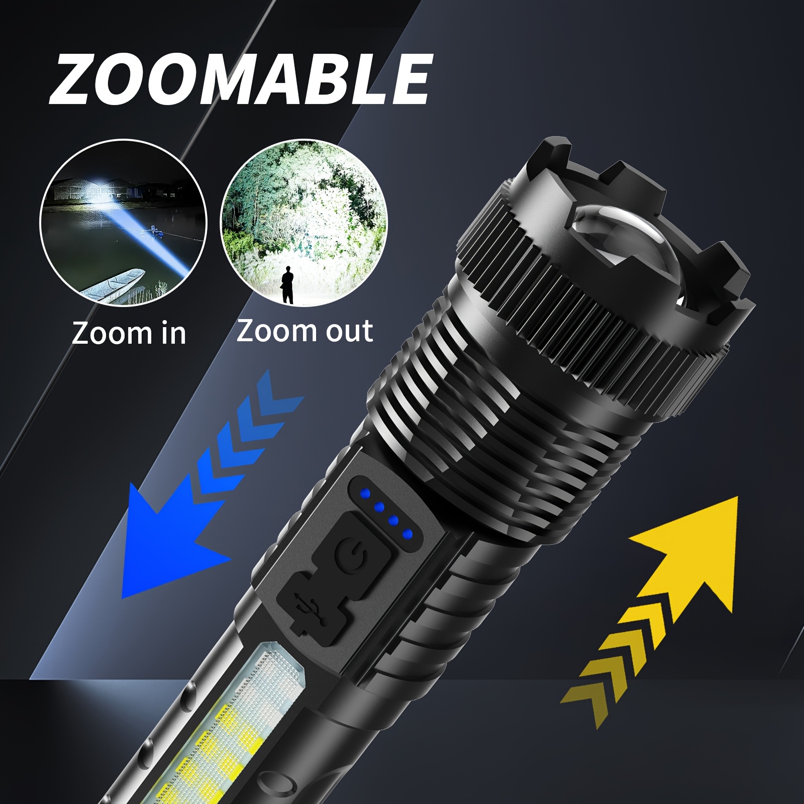 Rechargeable High-Lumen Zoomable LED Flashlight – USB Fast Charge, LCD Power Display, Waterproof, For Camping & Emergencies