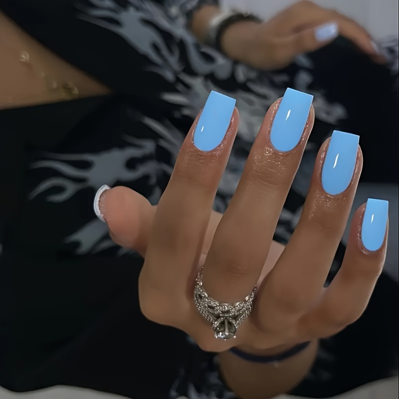 

Blue Ballet Press On Nails, Middle Length, Pure Color Glossy Finish - Summer Sky Blue Elegant Stick-on Nail Set