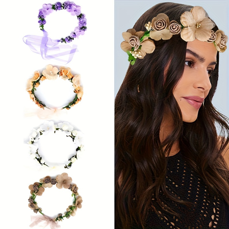 

Assorted Bohemian Flower Crowns, Floral Hair Wreaths For Women, Beach Wedding, Bridesmaid, Birthday Party, Festive Boho Headbands With Ribbons For Travel And Outdoor Use