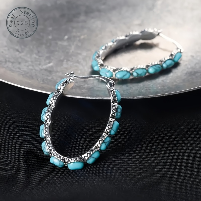 925 Silver Ethnic Style Turquoise Hoop Earrings for Wedding Banquets