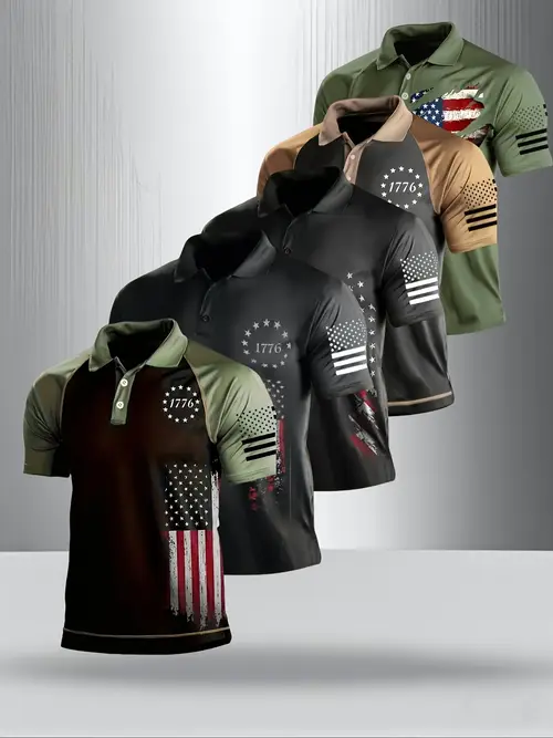 mens patriotic 1776 american flag golf shirt breathable short sleeve t shirt with geometric button accents machine washable regular fit for casual wear seasonal fashion design durable casualwear