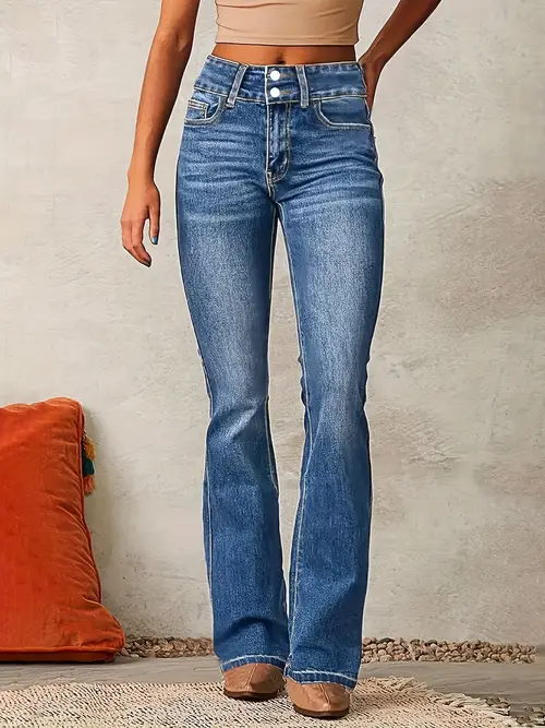 womens retro stretch bootcut jeans slash pockets washed blue denim fit with button closure