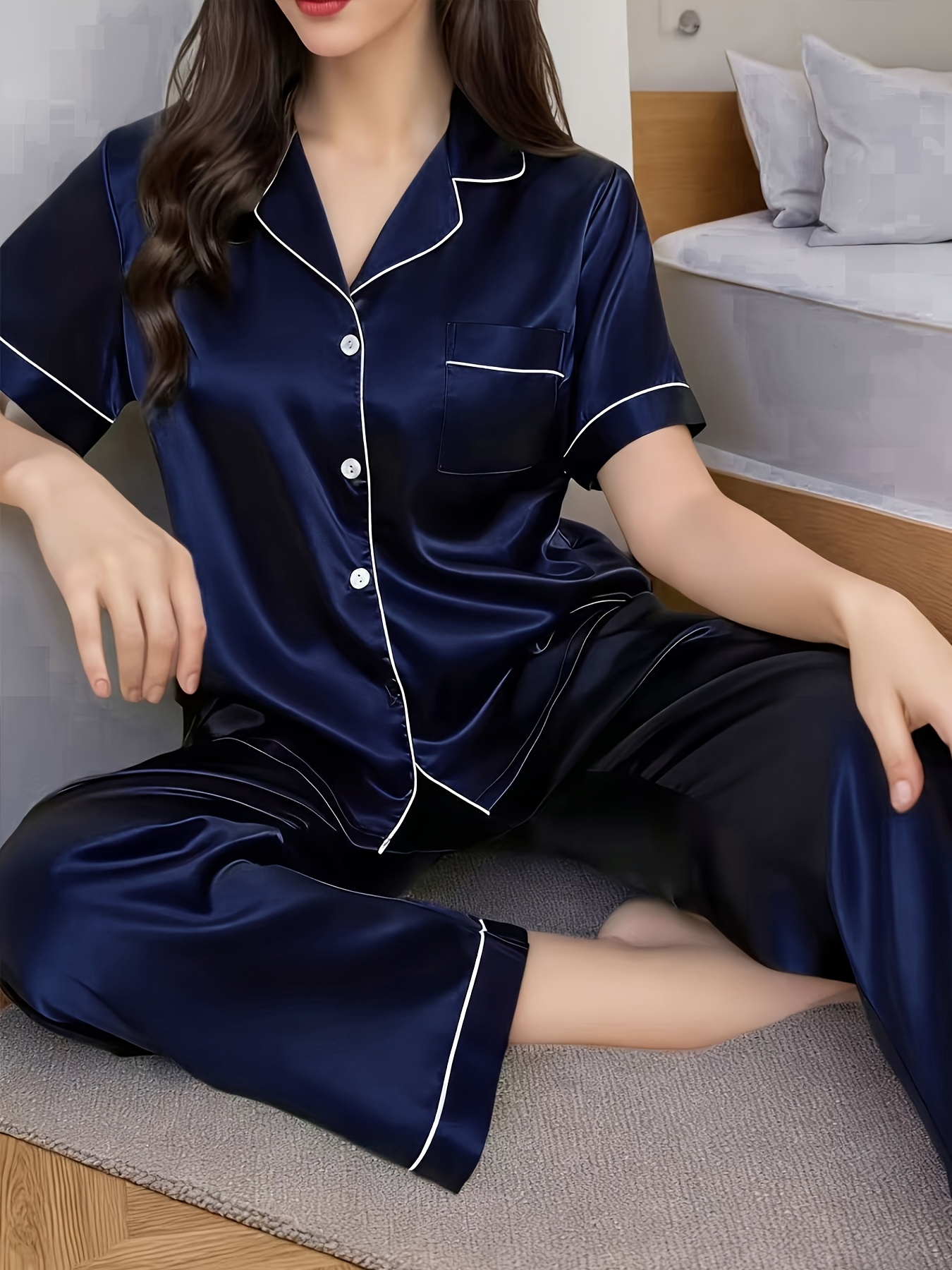 satin spring and summer loungewear for women featuring short sleeves long pants a easy design and a collared cardigan Product details 5
