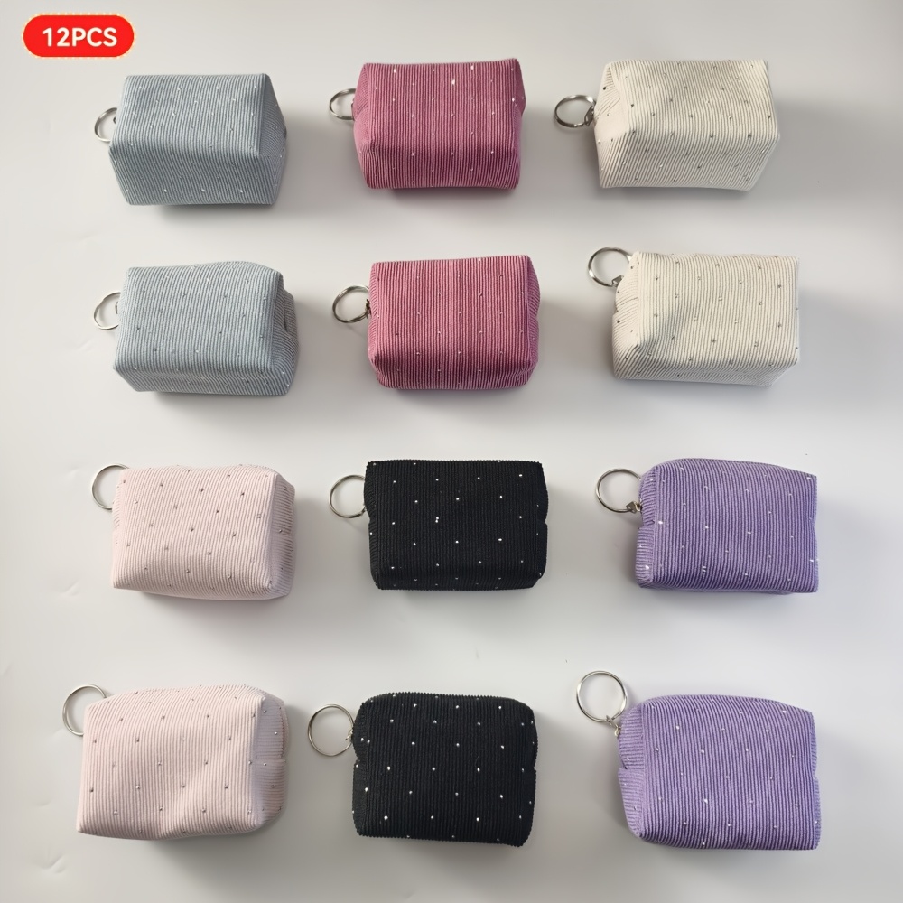 TEMU Porte-monnaie pour femme, 12 pièces, trousse à pièces et cartes en velours côtelé avec argentés, design carré avec anneau de suspension, sac de