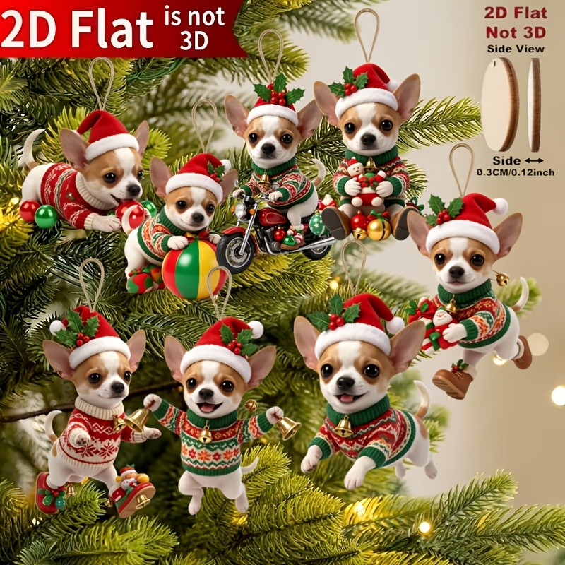 TEMU 2d Flat, 9pcs - Cute Assorted Styles Of Pomeranian Christmas Wooden Ornaments - Festive Santa Hats And Scarves, Artificial Wood Holiday Decor,