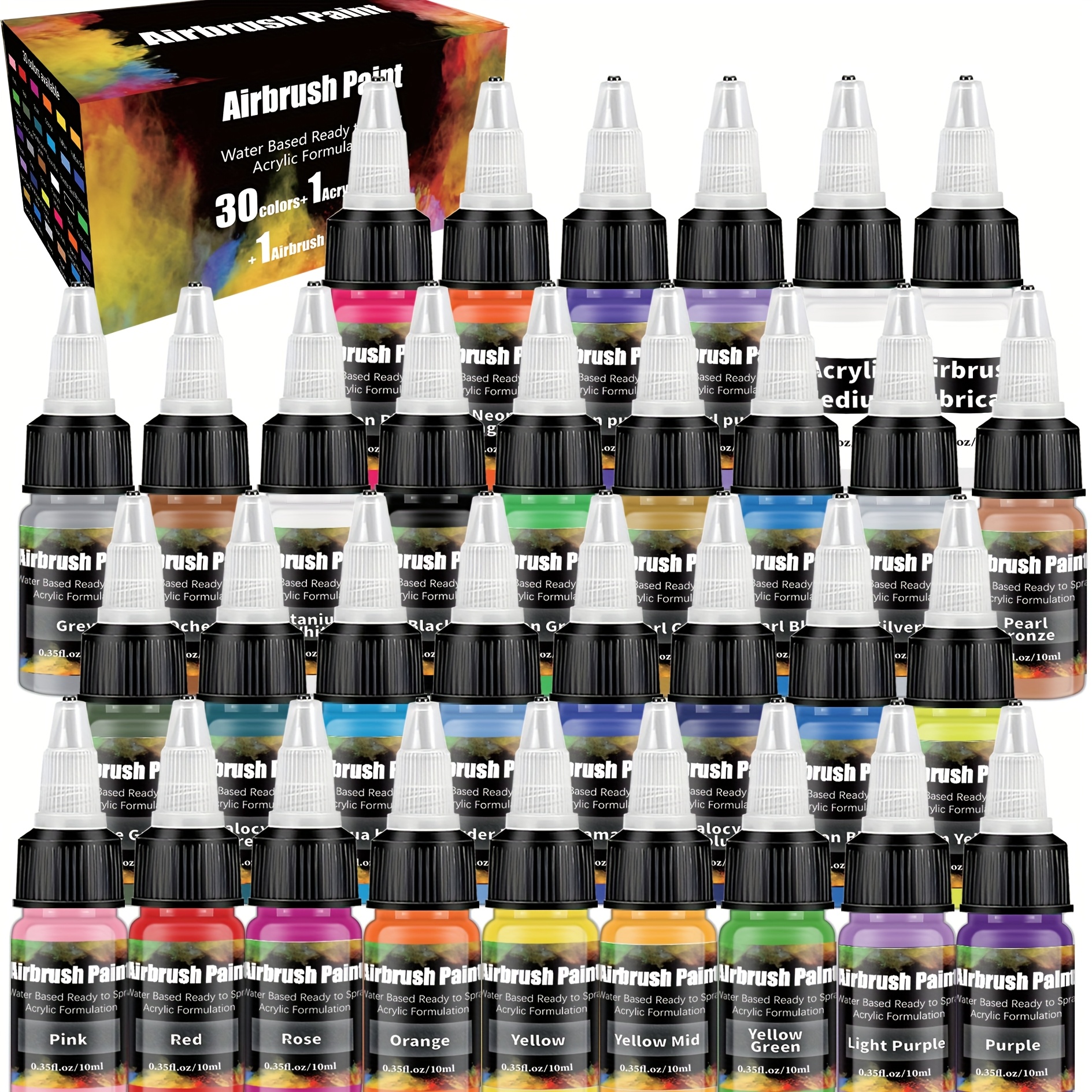 Image of Airbrush Paint, 30 Colors, Plus 1 Bottle Of And 1 Bottle Of Lubricantprofessional Airbrush Use, Water-based Acrylic, Works On Materialsdly 10ml/bottle, Suitable For Metal, Plastic Models, Canvas, Wood