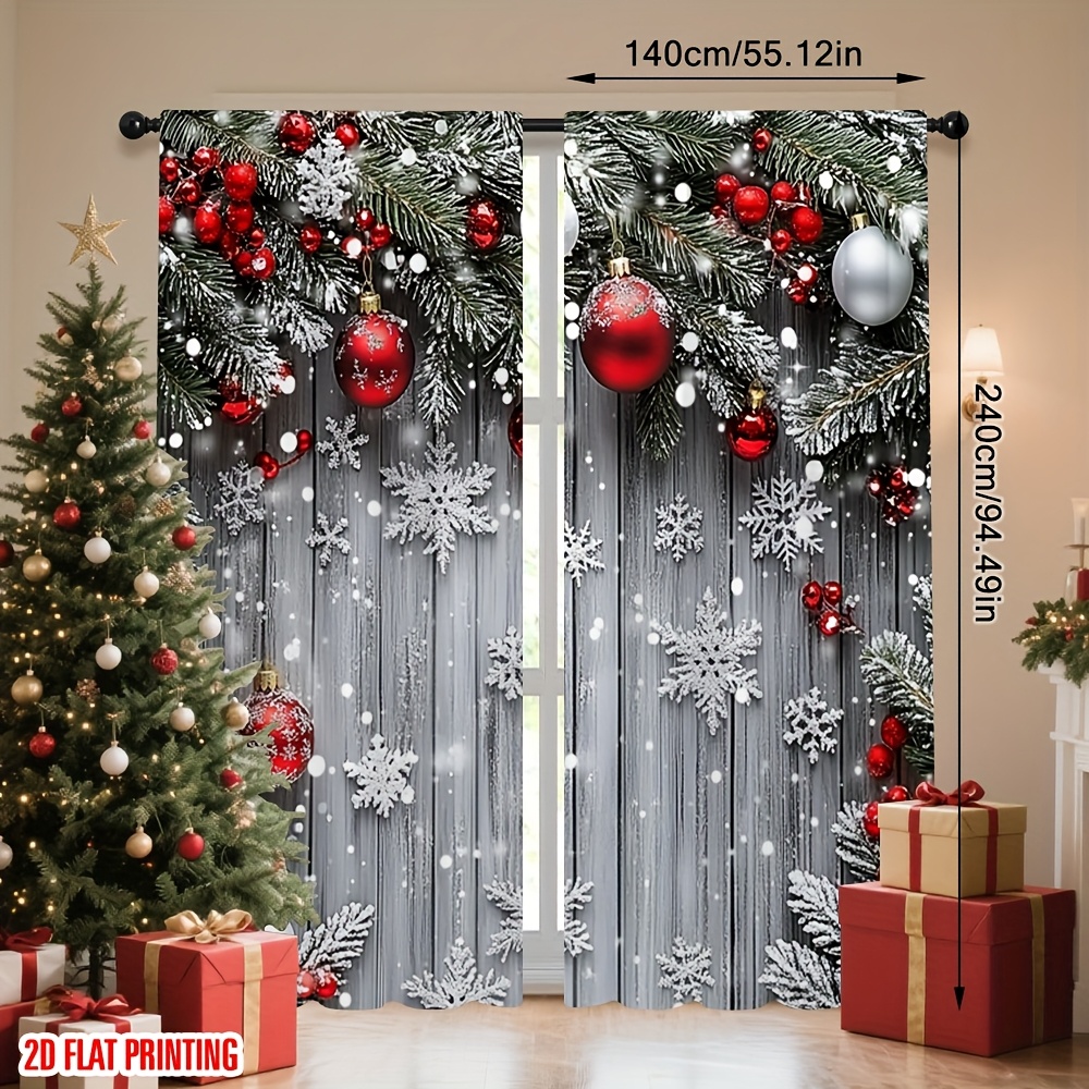 TEMU Rideaux de Noël 2D Plats, 2 pièces, Impression 2D avec de neige, boules rouges et plantes vertes, Tissu 100% Polyester Durable, Électricité,