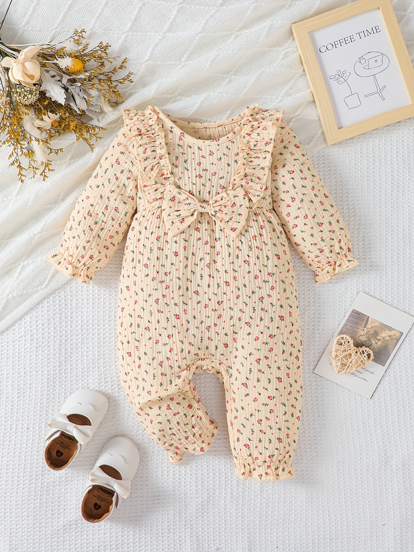 Combinaison Bébé Fille Gurcooc - Romper Manches Longues Floral Imprimé Côtelé 3-24 Mois - Bodysuit Mignon