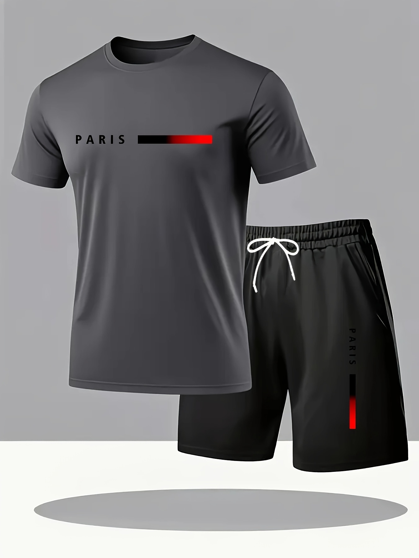 Paris Gradient Letter Print Men's Two-Piece Set: Crew Neck Short Sleeve T-Shirt and Drawstring Shorts Summer Casual Sportswear