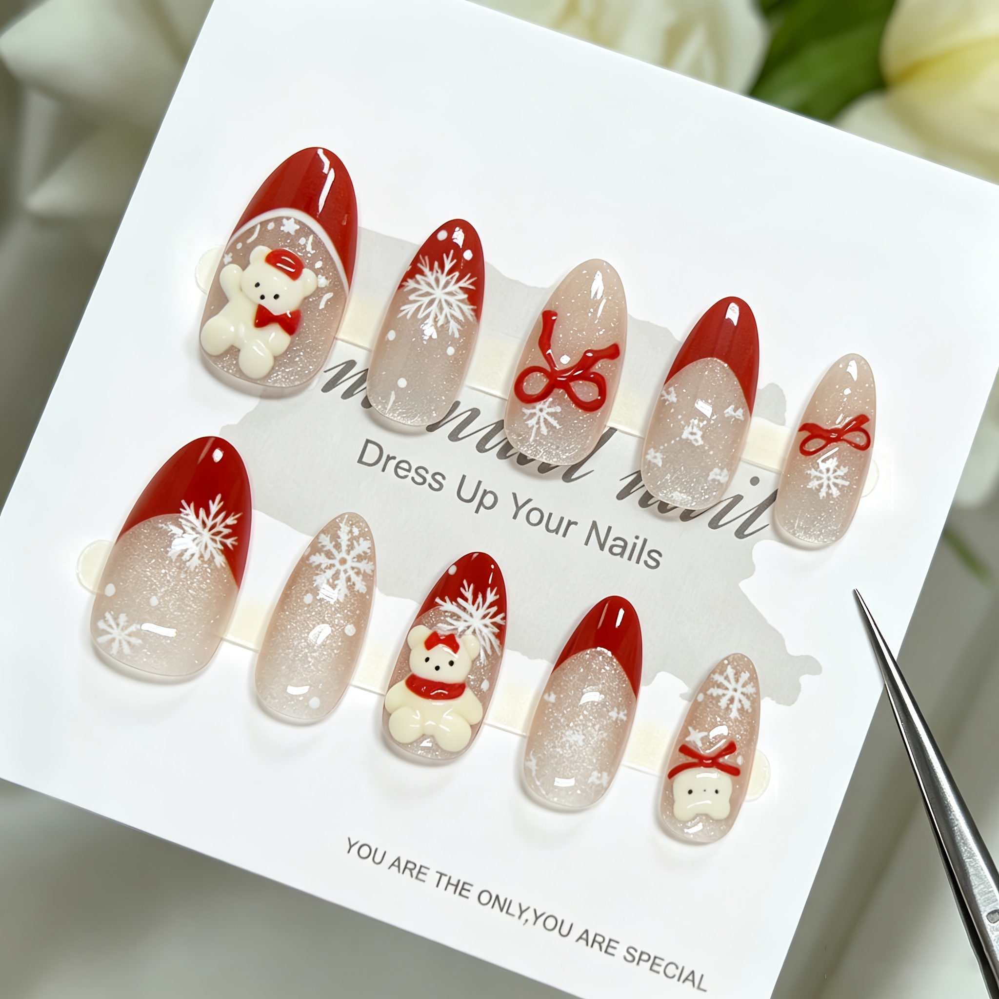 TEMU Lot de 10 faux ongles d' pour mains et pieds - de Noël prêts à l'emploi effet œil de chat, français à de neige et ours rouge, ongles en gel à
