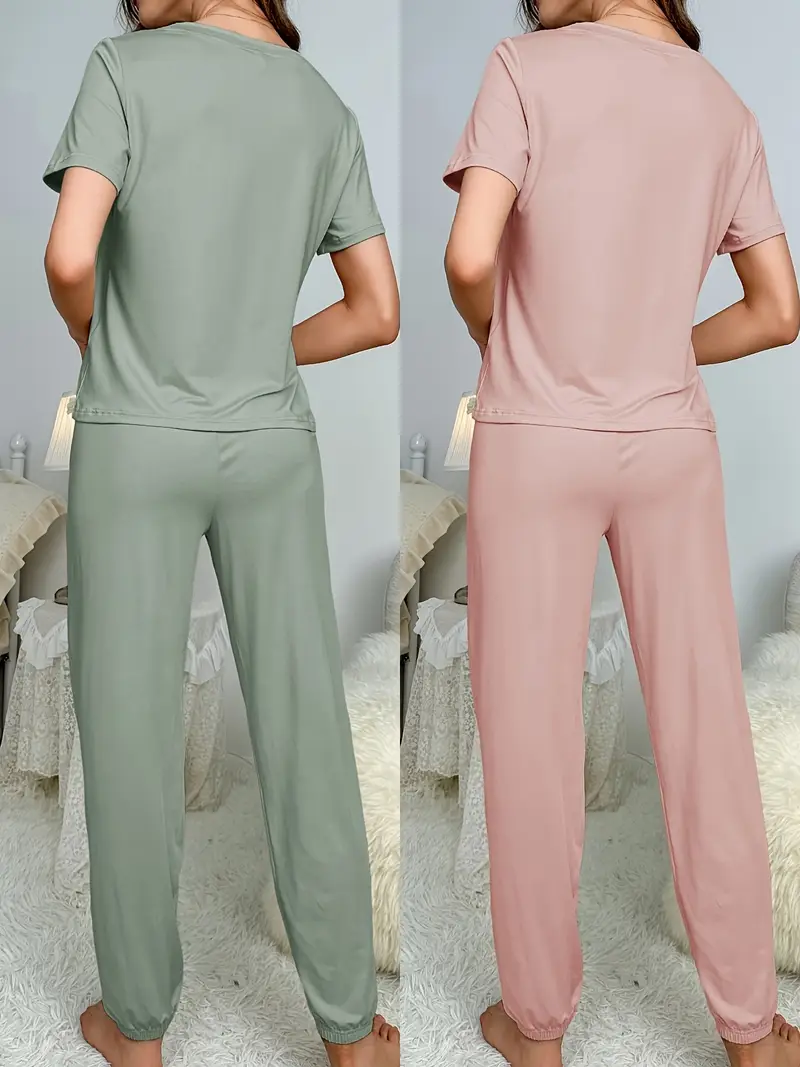ladies new style solid color simple short sleeved top and long pants set casual and comfortable pajamas Product details 1