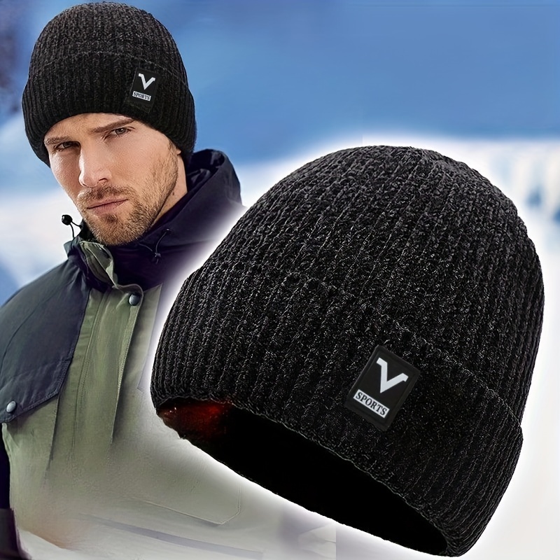 

Winter Knit Beanie For Men - Fashionable Polyester Skull Cap With Fleece Lining, Outdoor Thick Ear-protection Cap, Hand-knit Ski Hat, 100% Polyester