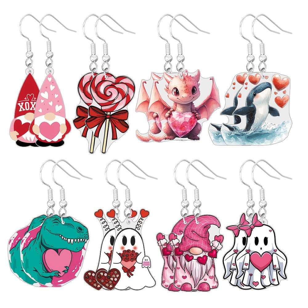 

8 Pairs/set Earrings Set Valentine's Day Cute Sweet Dinosaur Lollipop Whale