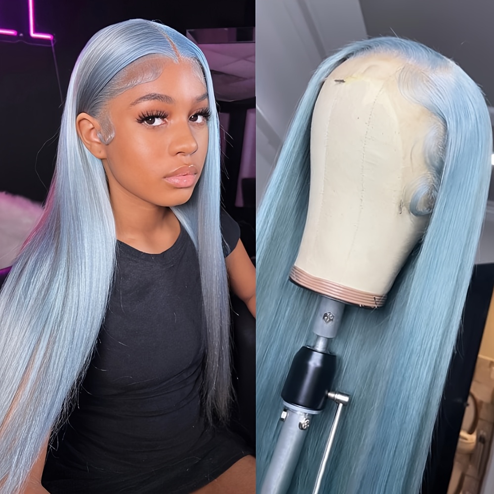 13x4 light blue lace front wigs: colored long straight pastel blue