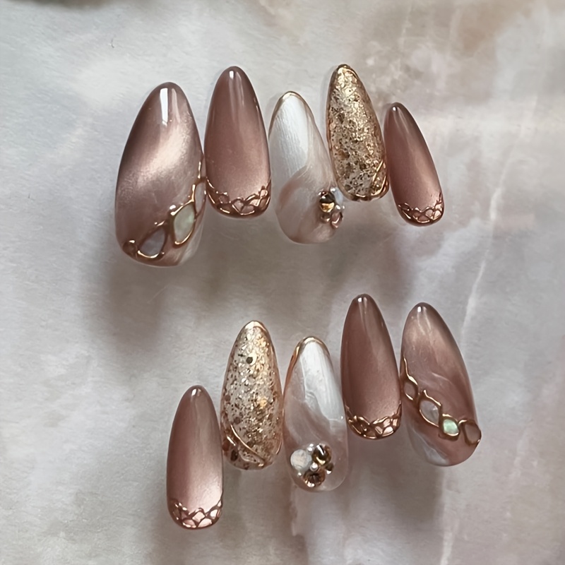 

Color Shaped Medium Length Press-on Nails, With Strobe And Glitter Accents, Romantic Autumn Winter Nail Art With 3d Metallic And Rhinestone Detailing