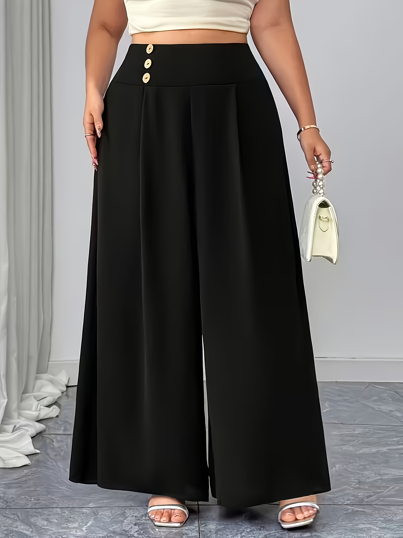 plus size fashionable high waist wide leg pants with button decoration
