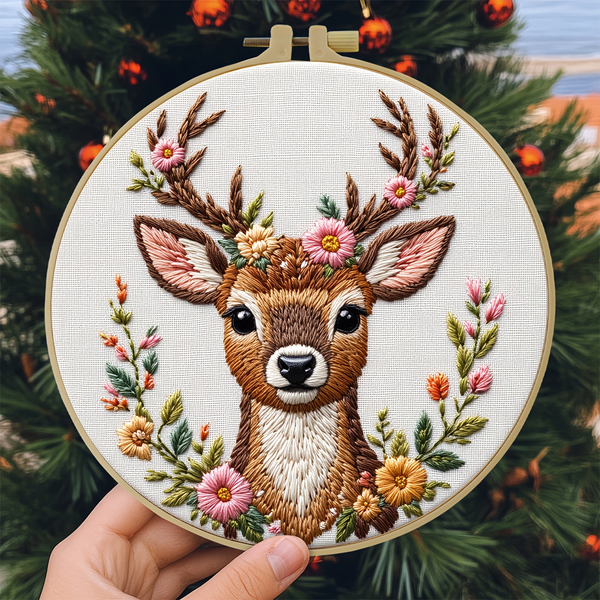 TEMU 1pc 20x20cm/7.9x7.9-inch Diy Embroidery Kit With A Floral And Deer Pattern, Suitable For Beginners. Includes Embroidery Cloth, Instructions,