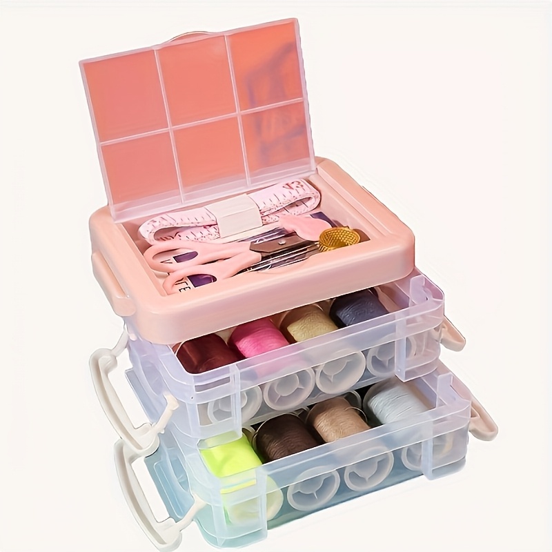 

1pc Pink Transparent 3-layer Sewing Box, Mini Portable Sewing Kit With Scissors, Buttons, , Needles, And