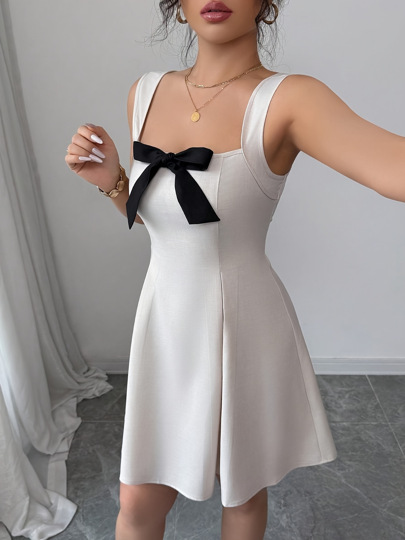 elegant white a line mini dress black bow detail sleeveless - Temu Oman