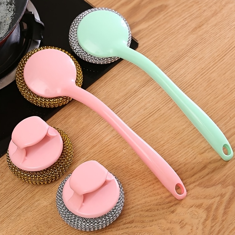 a 6pcs stainless steel brush set featuring 4 brush heads along with one long handle   short handle suitable for cleaning kitchens bathrooms and toilets it   heavy duty steel wool scrubbing pads and a manual utensil cleaner that doesnt   electricity complete with replaceable sponges details 2