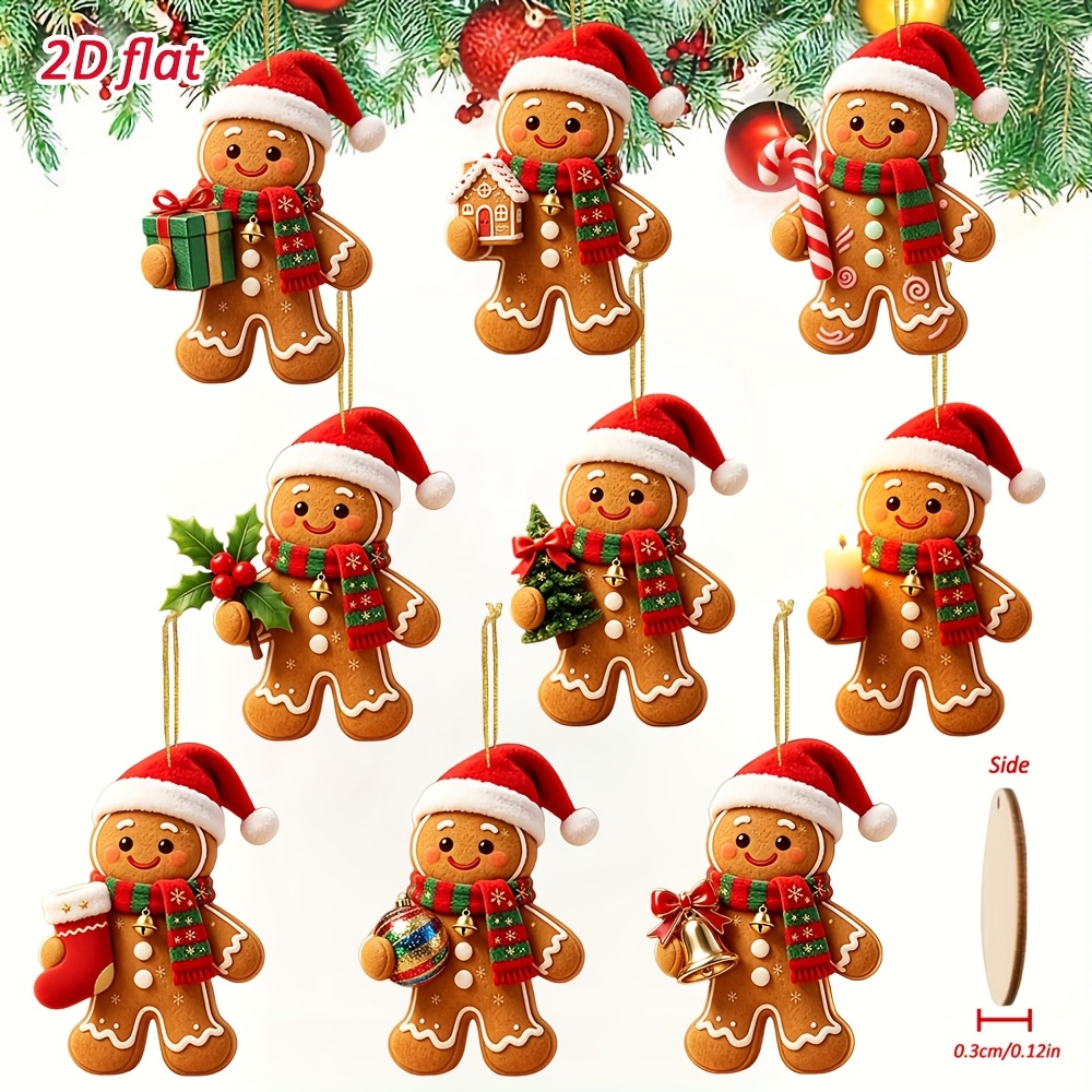 TEMU 2d Flat, [2d Flat] 9pcs Set Of Adorable Christmas Gingerbread For Man Wooden Hanging Ornaments, Christmas Holiday Hanging Decor Set, 2d Flat