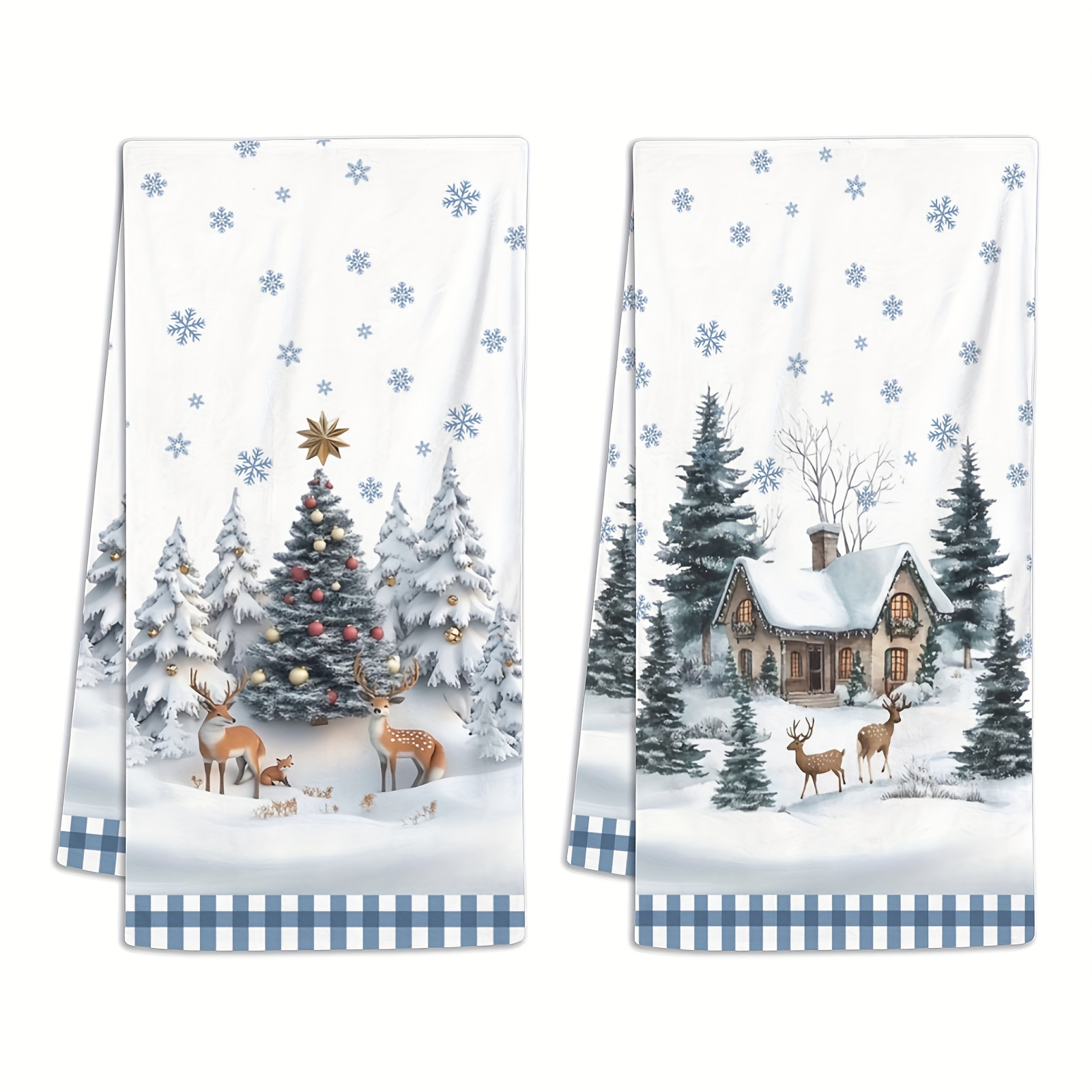 TEMU 2-pack Christmas String Light House Reindeer Dish Towels - Festive Reindeer And Trees Pattern With Snowy Cottage Scene, Polyester Dishcloths,