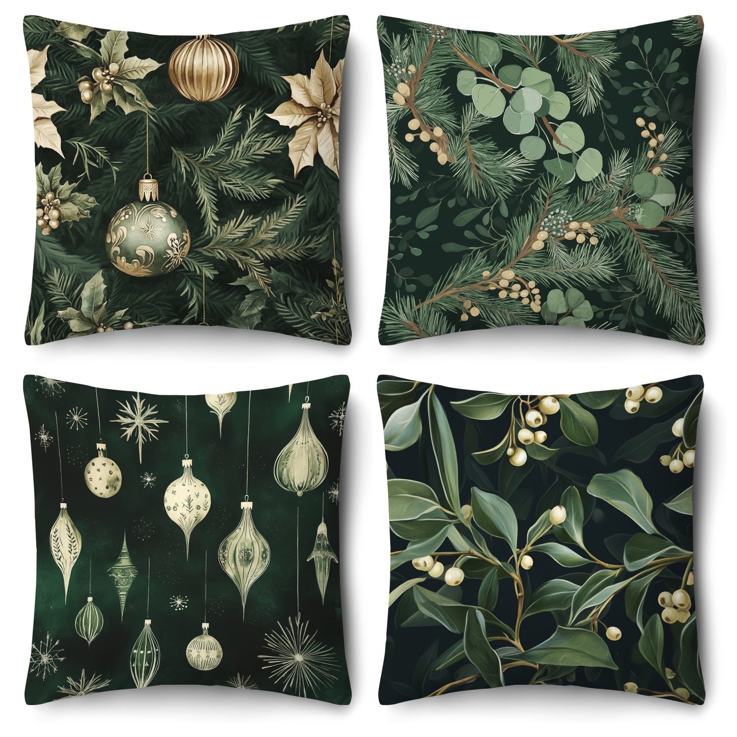 Image of 4pcs Christmas Pillowcase Set, 45x45 Decorative Cushion Covers, Green Patterned Decorative Printed Pillowcases, Suitable For Porch, Patio, Sofa, Living Room, Outdoor, Pillow Inserts Not Included