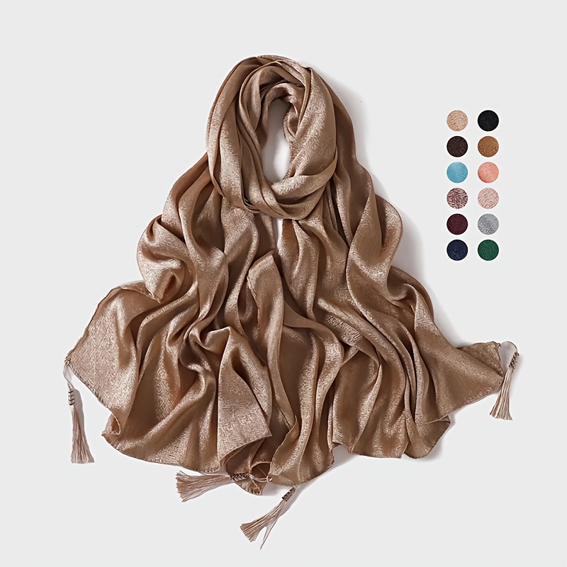 Women's Satin Solid Color Jacquard Tassel Headscarf/Bandana