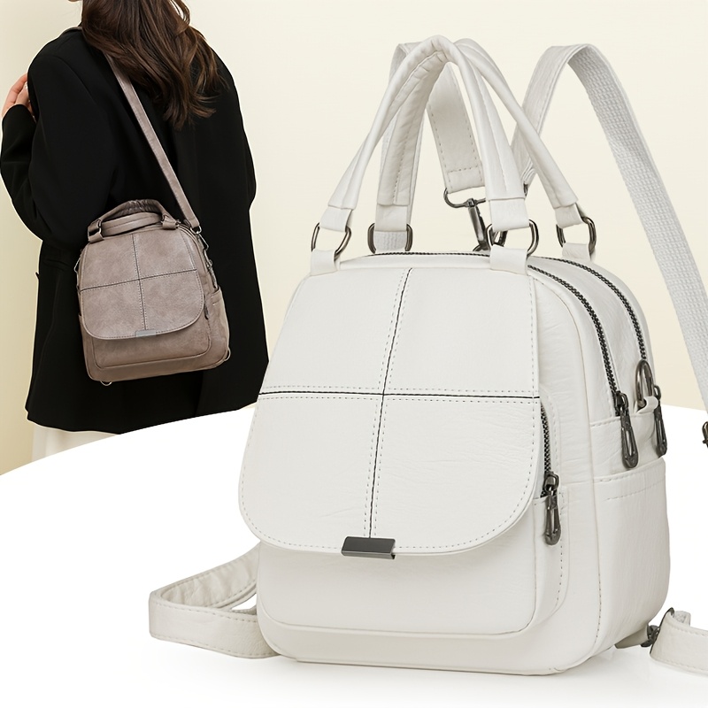 

Vintage Women's Convertible Backpack Purse - White Synthetic Leather, Detachable Shoulder Strap, Adjustable Design For Daily Use Or Gift, Stylish & Functional, Backpack For Travel