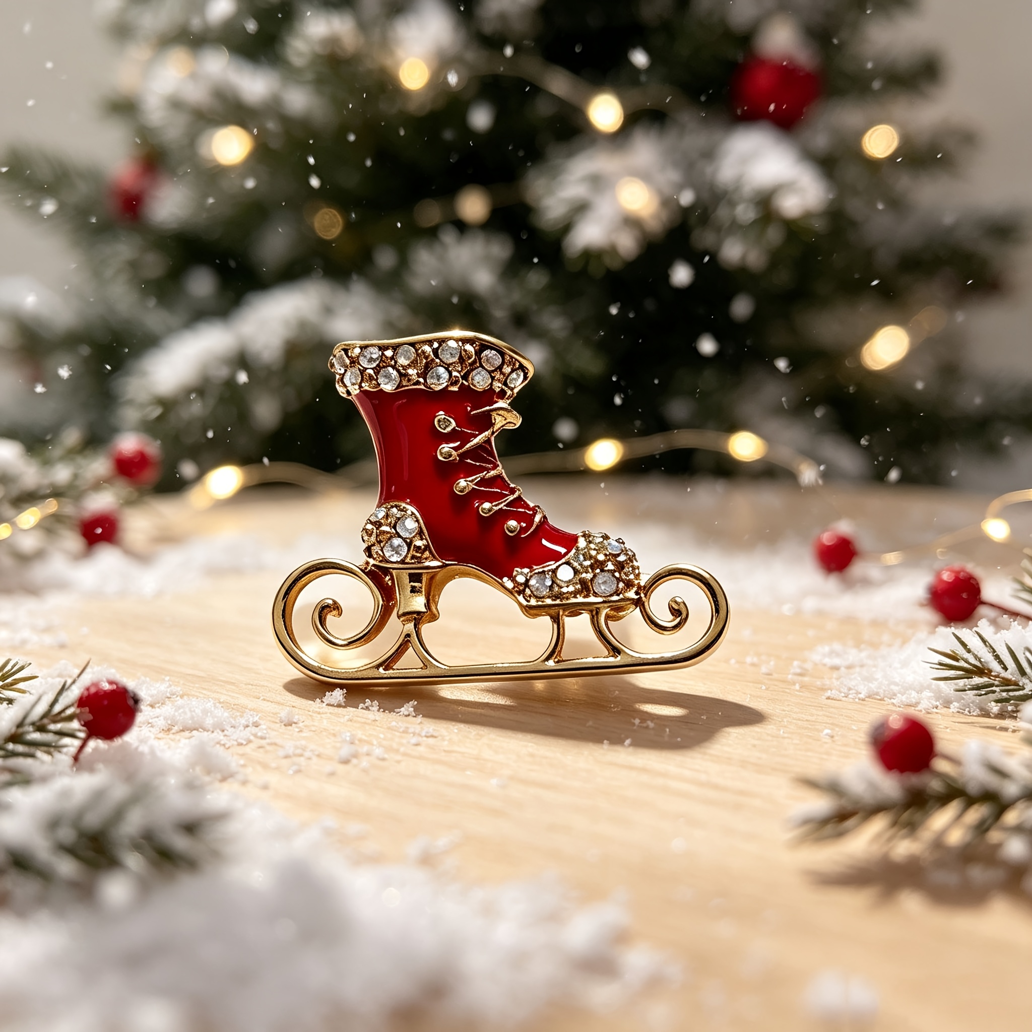 TEMU Broche patins à glace rouge goutte à goutte, épingle de bottine de glace de Noël en strass, corsage décoratif d'hiver pour manteau et pull