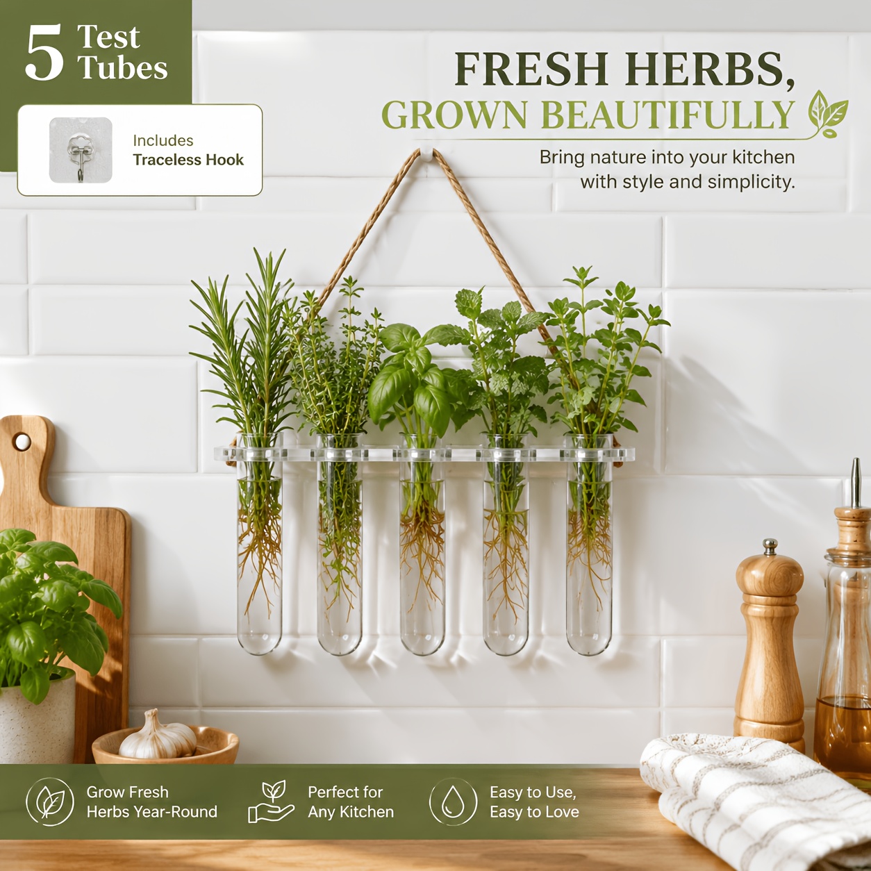 TEMU Kit Giardino di Erbe Aromatiche - Fioriera a Vaso Sospeso a Singolo con Gancio Adesivo - , Rosmarino & per Cucinare, Decorazione da Parete per