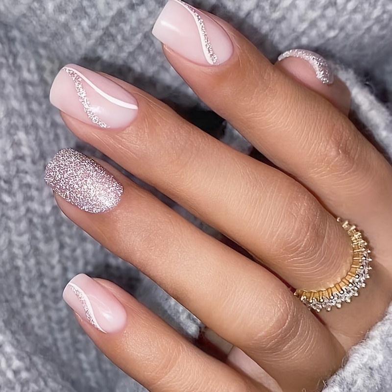 Image of Upgrade Your Look With 24 Short Oval Press-on Nails, European And , White Line Fake Nails, Extended Removable Nails With Jelly Glue, 1 Nail File, 1