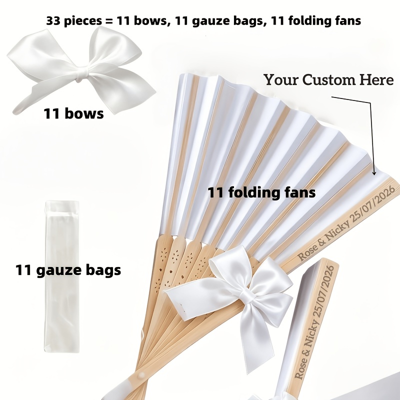 TEMU Ensemble de 33 pièces/Ensemble de 63 pièces Éventails gravés sur mesure, avec ruban à nœud blanc, cadeaux de fête multi-pièces, éventail de