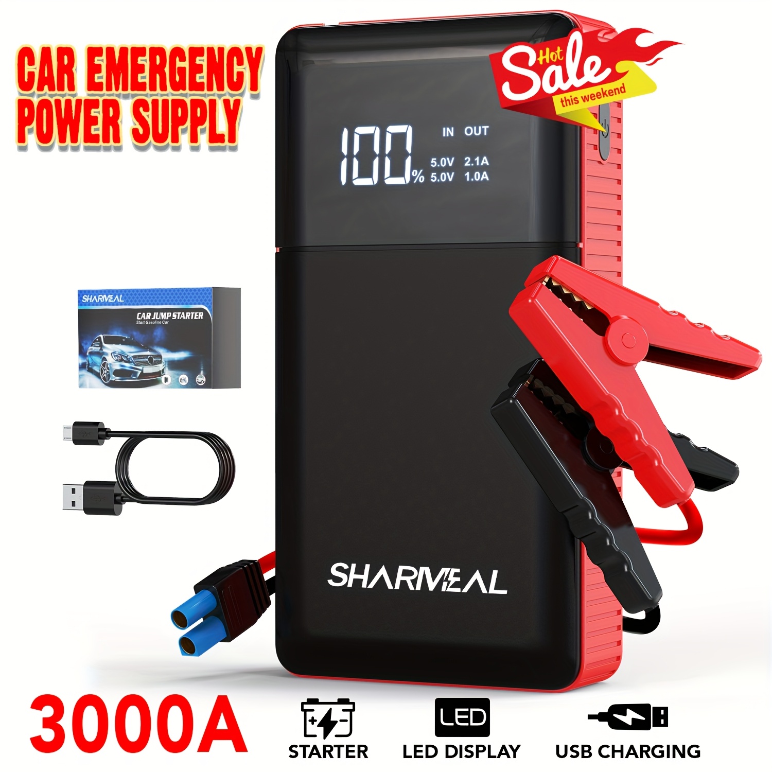 TEMU Portable Sharmeal Car Jump Starter, An Emergency Power Bank With A Of 2500a/3000a, Includes A 12v Car Battery Charger, Jump Starter Additions, Car Tools, Led Lights, And A Trolley Battery Charger
