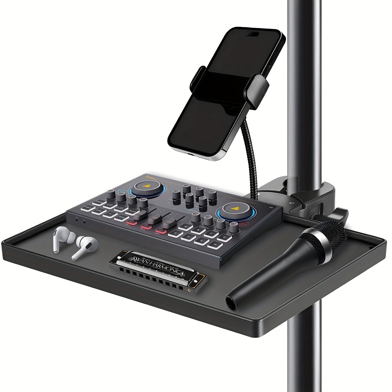Image of Mic Stand Tray With Gooseneck Phone Holder, 10.6" X 7.8" Microphone Stand Tray Crab Clamp Stand Floor Shelf Pole Mount, Karaoke Accessories