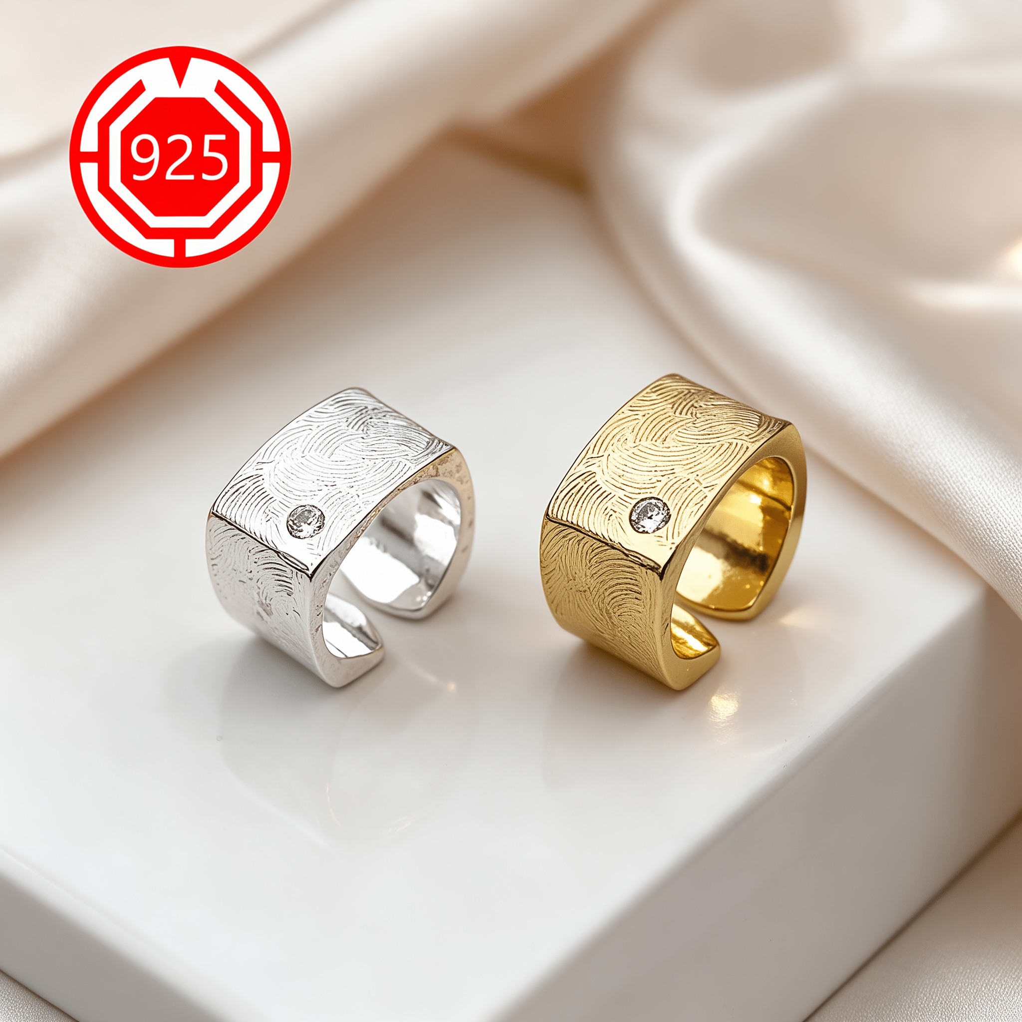 Women's 925 Silver Adjustable Wide Texture Open Ring, Geometric Design