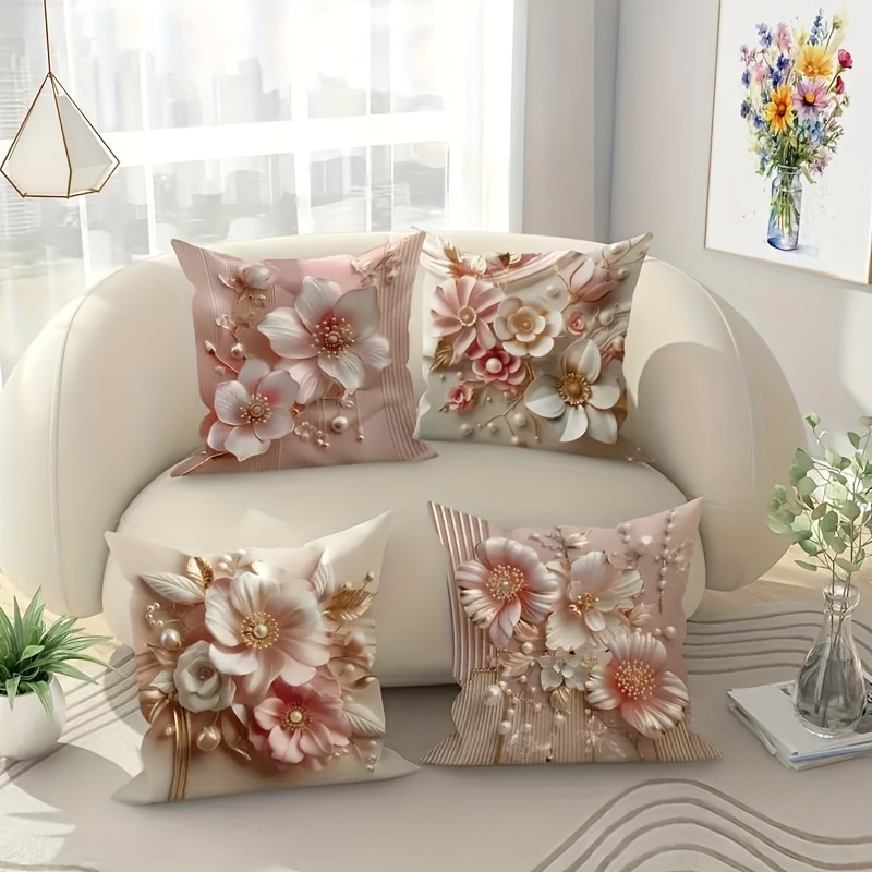 TEMU 4pcs Luxury Velvet Cushion Covers Set - Floral Pearl & Golden Design, 18x18 Inches - Perfect For Living Room & Bedroom Decor, Machine Washable With Zipper Closure