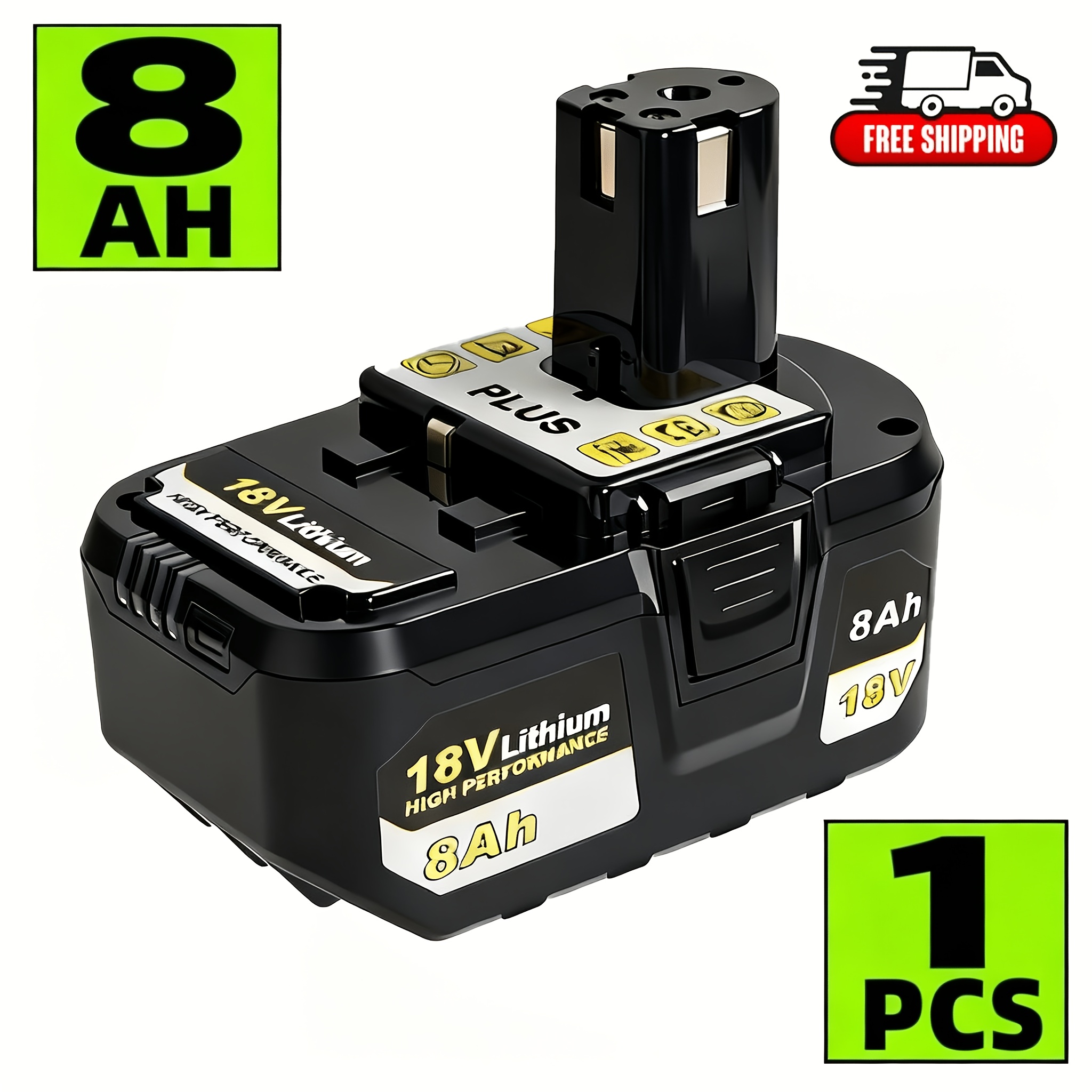 Image of 2/1 Pack 8.0ah 18v Replacement Battery, Suitable For Ryobi Lithium-ion Battery Models: P108, , , P104, P105, P107, P109, P122, Pbp005, Rb18l50 Cordless Power Tools