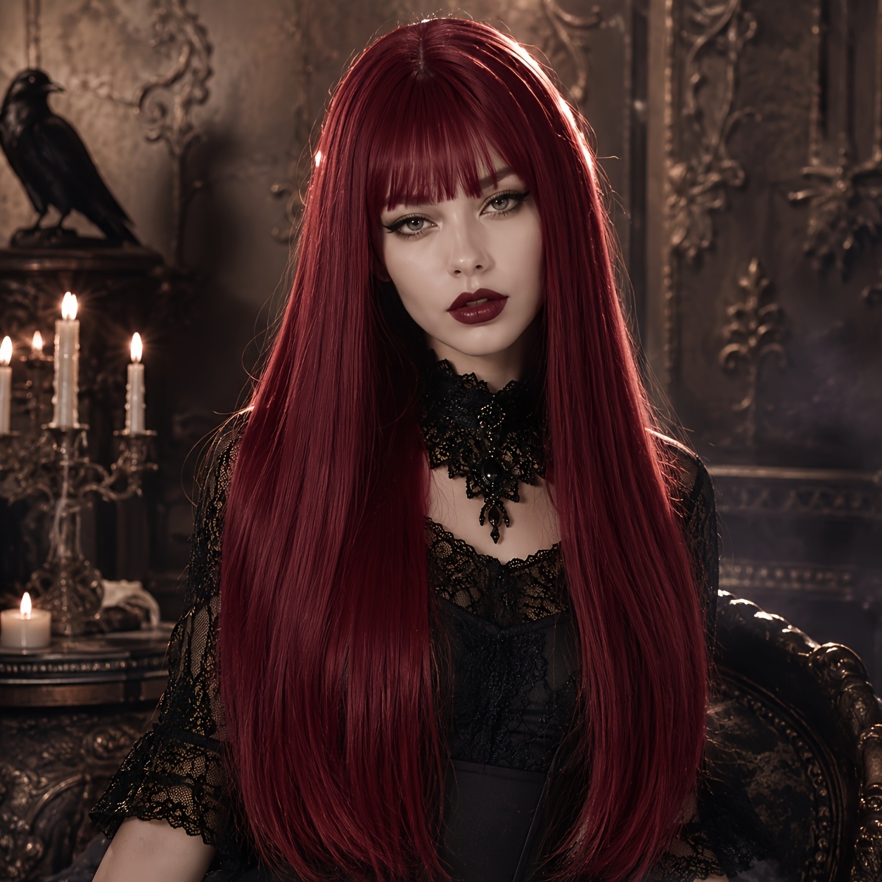 TEMU 28-inch Burgundy Red Layered Long Straight Wig With Full Bangs, Women's Halloween Cosplay Costume Wig