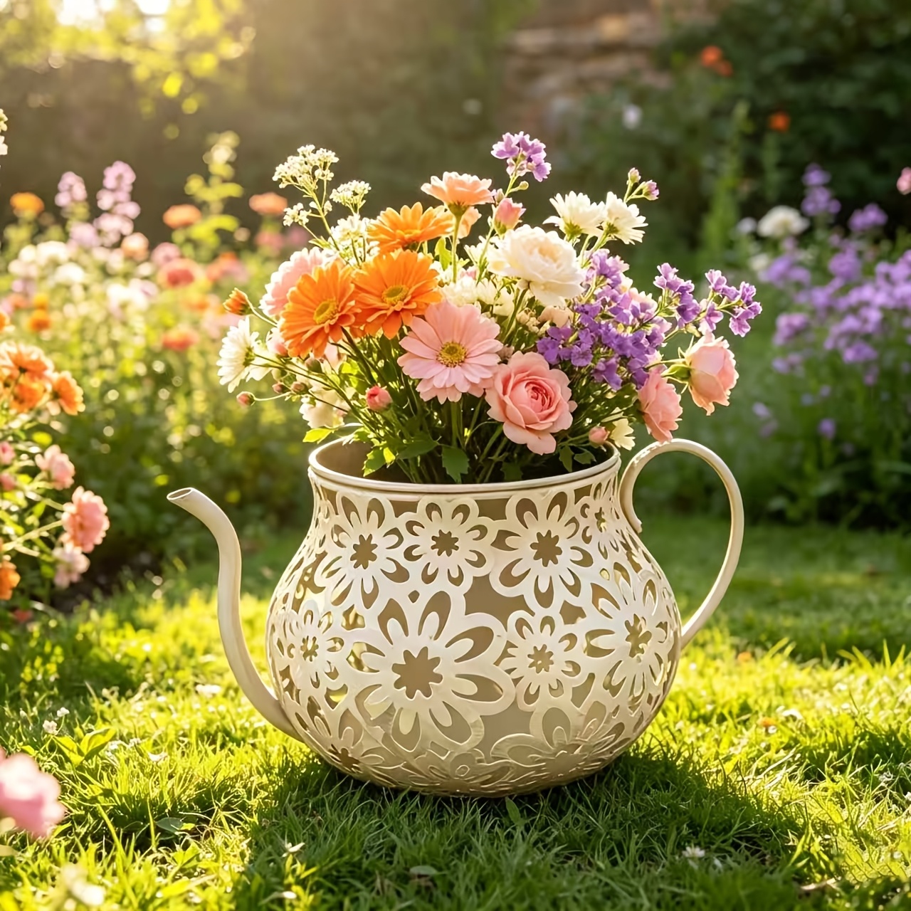 TEMU Vaso da fiori a forma di bollitore in metallo retr簷, vaso per fiori intagliato, per la decorazione e giardino, universale per piante grasse e