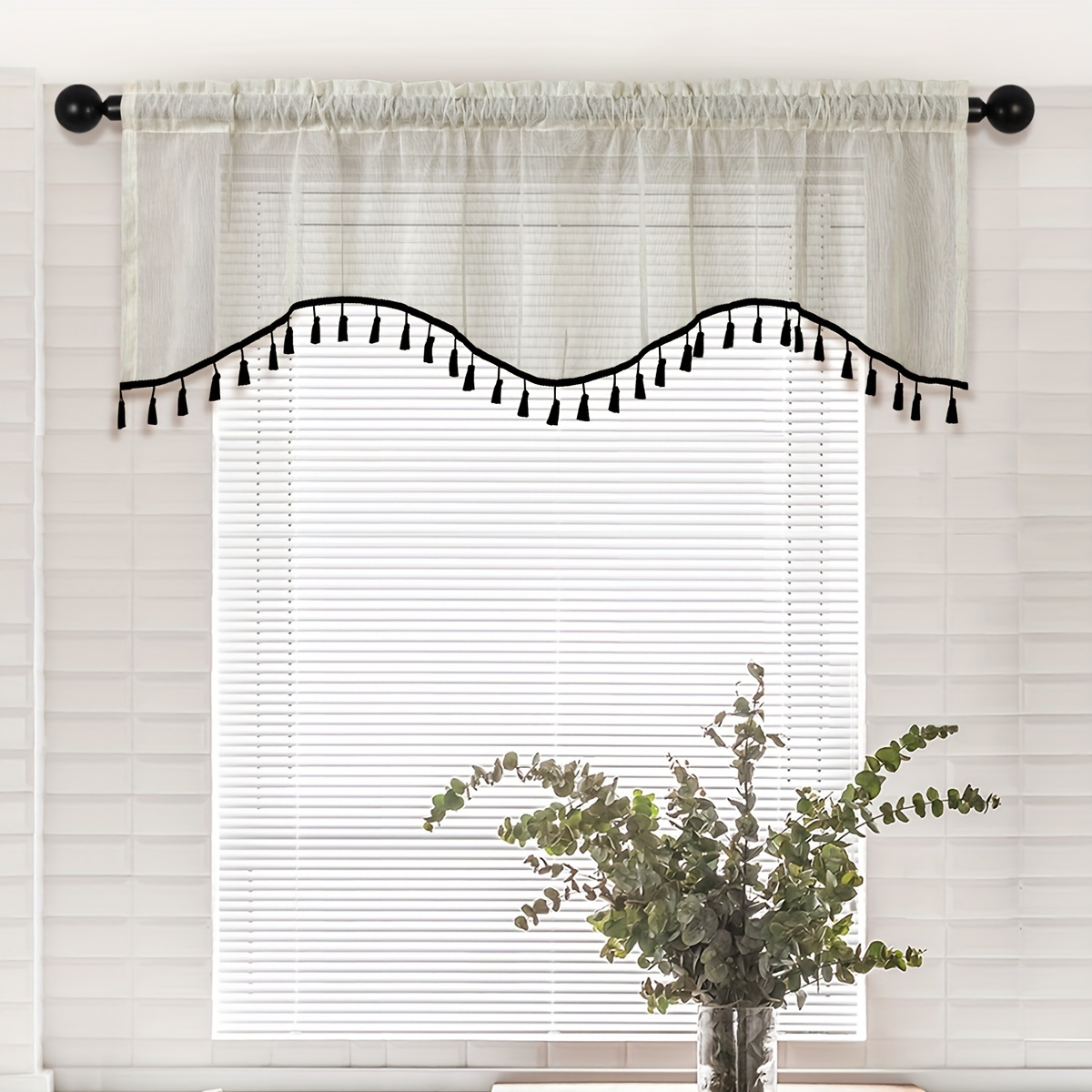 

1pc Bohemian Style Sheer Linen Valance With Tassel Lace Detail - Adjustable Rod Pocket, Light-filtering Short Curtain For Kitchen & Bedroom Windows - Machine Washable, Solid , Curtains For Kitchen