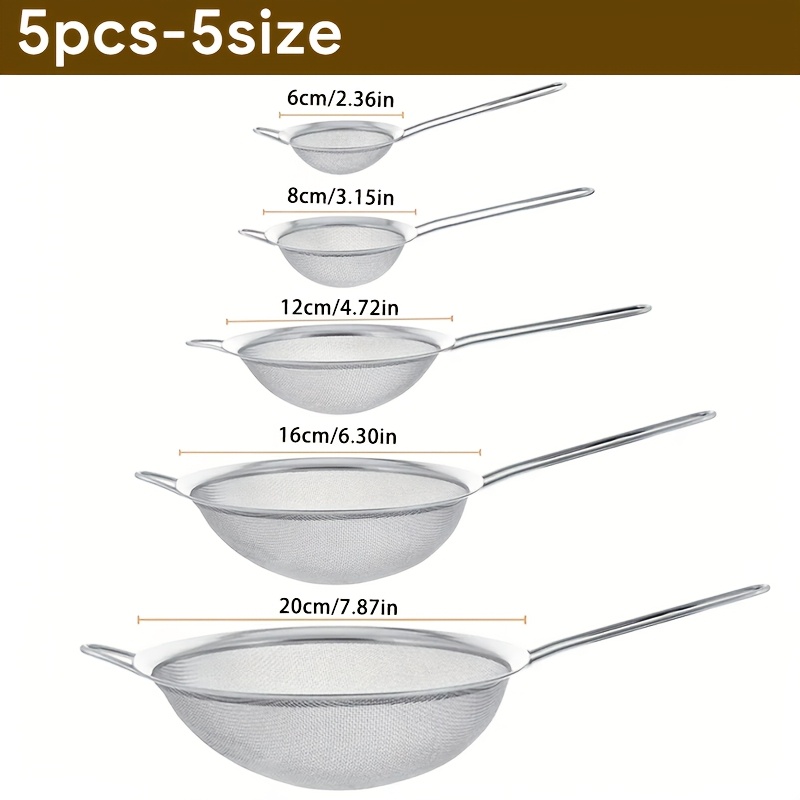 TEMU 5pcs Stainless Steel Fine Mesh Strainer Set, Hangable With Long Handles, Ideal For Sifting Flour, Straining Juice, Loose Leaf Tea, Draining