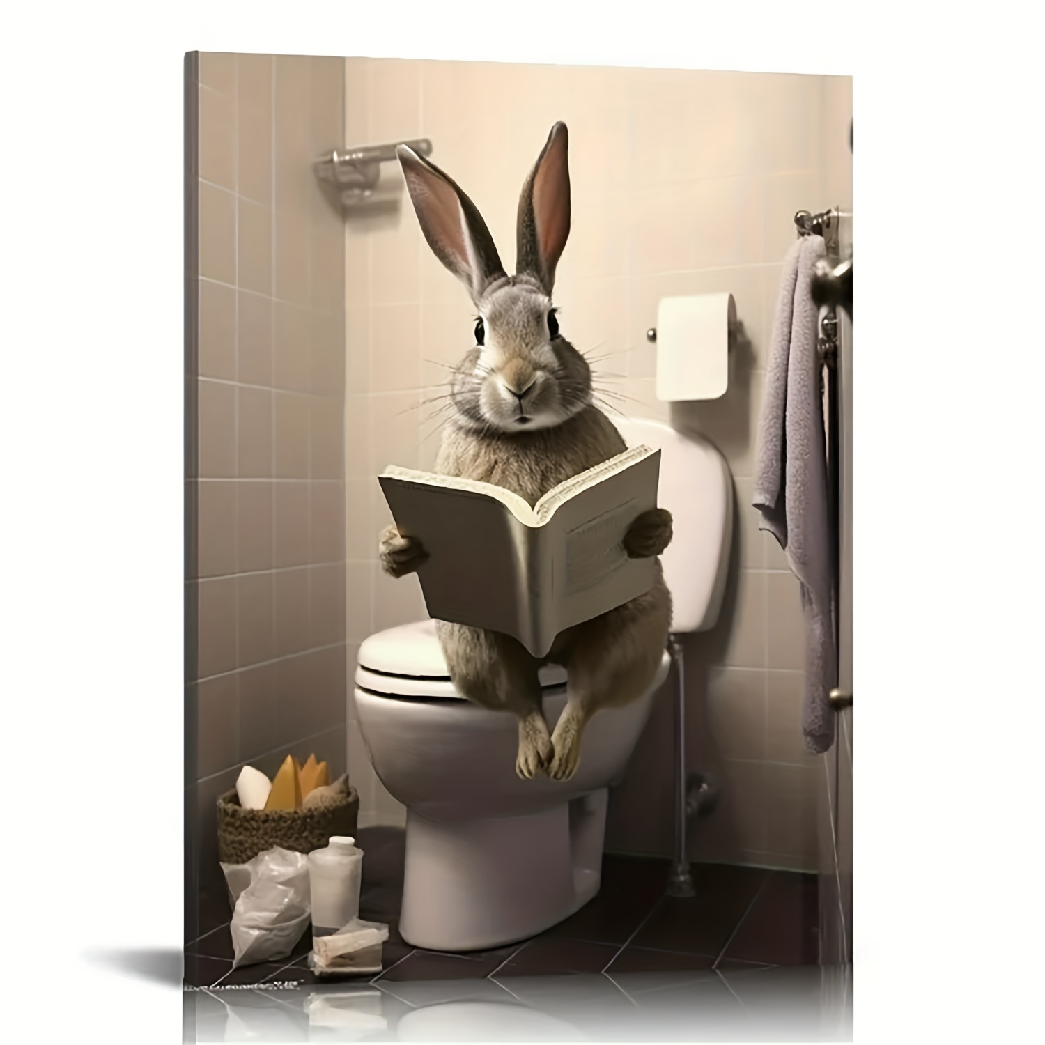 Rabbit Bathroom Canvas Funny Wall Art Rabbit In Toilet - Temu