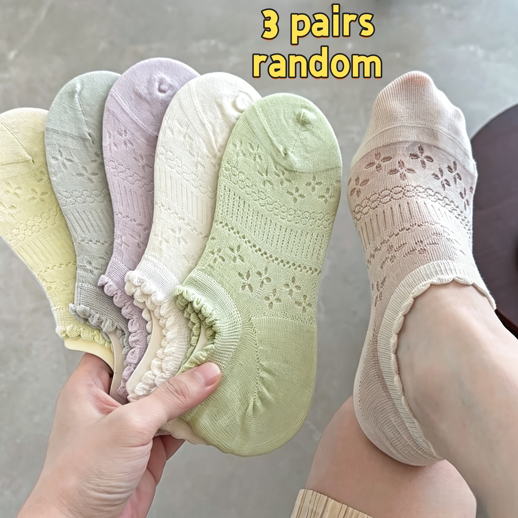 TEMU Random 3-pair Lace Trim Women's Summer Thin Low-cut Boat Socks, Breathable, Instagram-style, Versatile, Non-slip, No-show Socks
